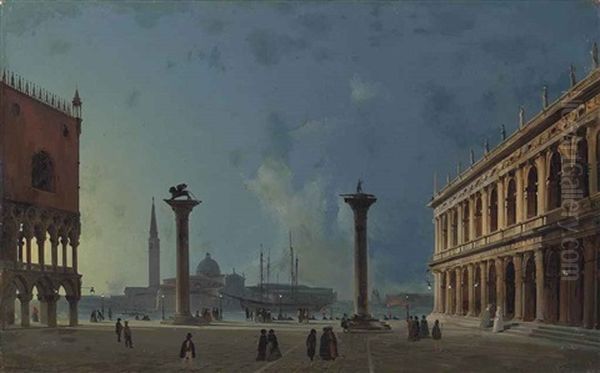 The Piazzetta By Moonlight, Venice Oil Painting by Ippolito Caffi