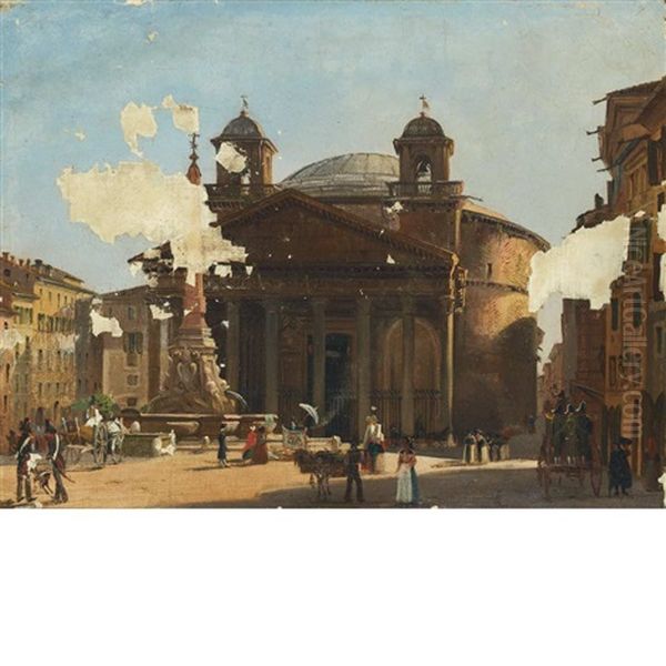 A View Of The Pantheon, Rome Oil Painting by Ippolito Caffi