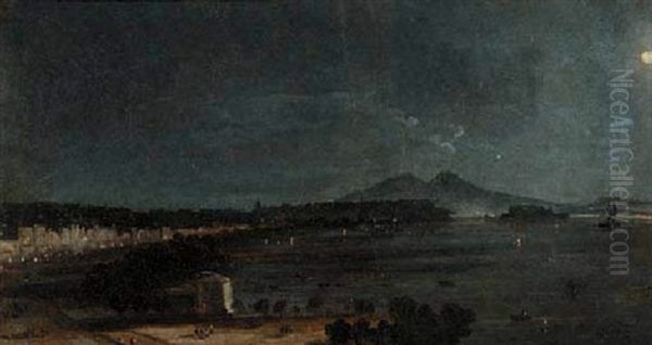 The Bay Of Naples By Moonlight Oil Painting by Ippolito Caffi