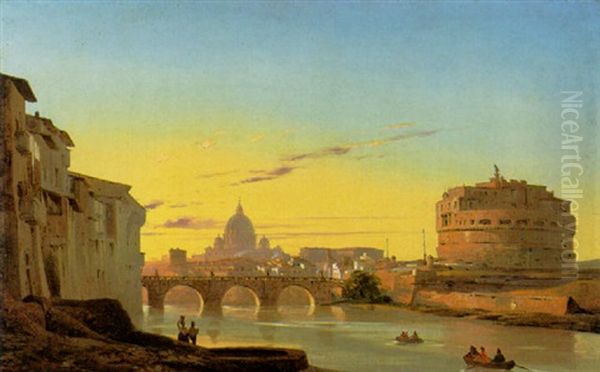 The Ponte Sant'angelo And The Castel Sant'angelo With The Dome Of St. Peters In The Background Oil Painting by Ippolito Caffi