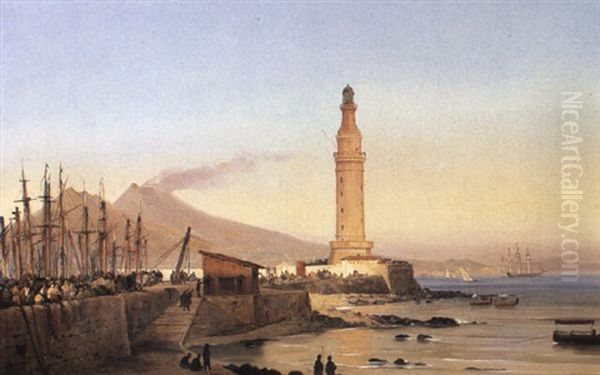 A View Of The Lighthouse Of Santa Lucia, Naples Oil Painting by Ippolito Caffi