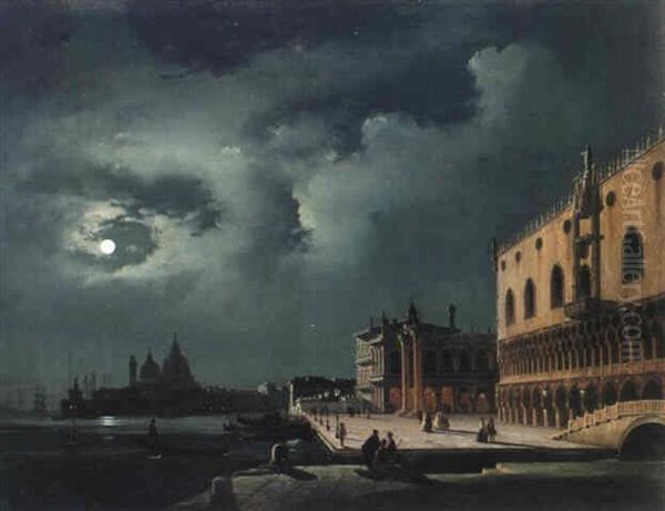 Palazzo Ducale Con La Chiesa Della Salute Al Chiar Di Luna Oil Painting by Ippolito Caffi