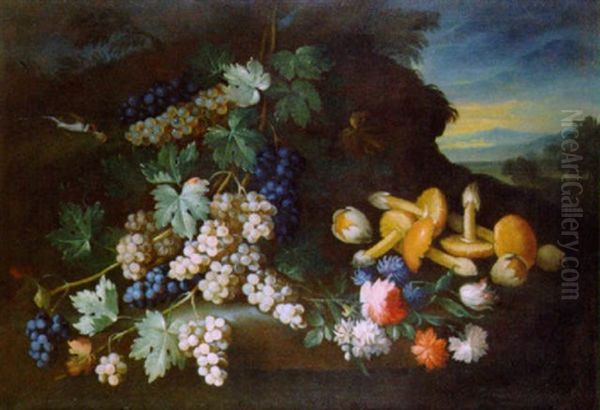 Uva, Fiori E Funghi In Un Paesaggio Oil Painting by Ludovico Caffi