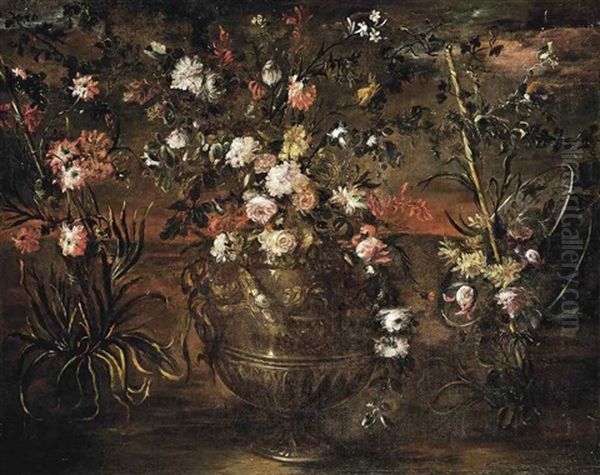 Roses, Peonies, Carnations And Other Flowers In A Gilt Vase Oil Painting by Margherita Caffi