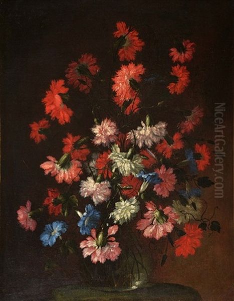 Still Life - A Glass Vase Of Mixed Carnations Upon A Table Oil Painting by Margherita Caffi