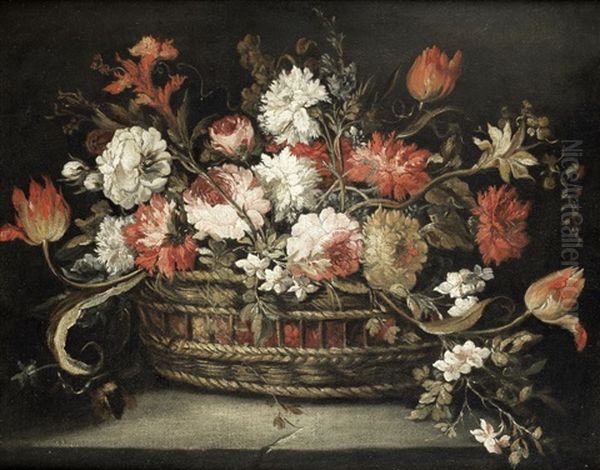 Roses, Tulips, Orange Blossom And Other Flowers In A Basket On A Stone Ledge; And Narcissi, Carnations, Roses And Other Flowers In A Basket On A Stone Ledge, A Landscape Beyond (pair) Oil Painting by Margherita Caffi