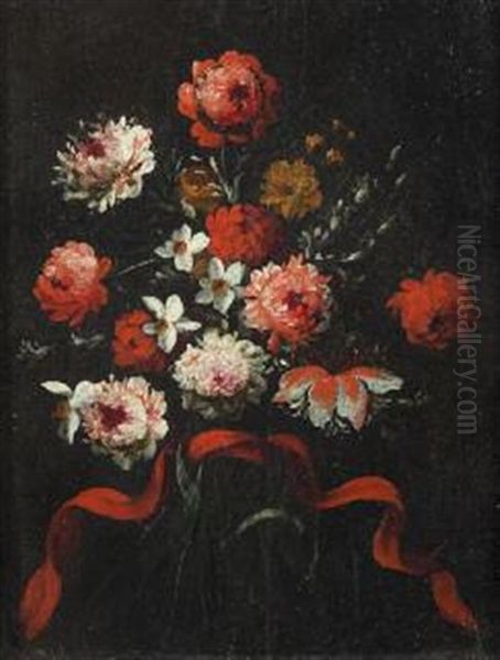 Mazzo Di Fiori Con Nastro Rosso Oil Painting by Margherita Caffi