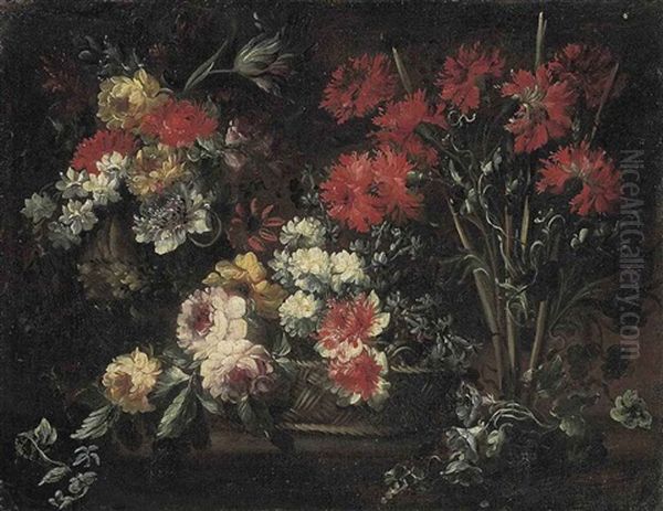 Roses, Chrysanthemums And Other Flowers In A Wicker Basket, Carnations, Roses, Narcissi And Other Flowers On A Stone Ledge Oil Painting by Margherita Caffi