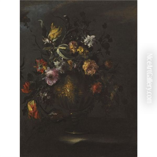 A Still Life Of Roses, Tulips And Other Flowers In A Bronze Vase On A Stone Ledge Oil Painting by Margherita Caffi