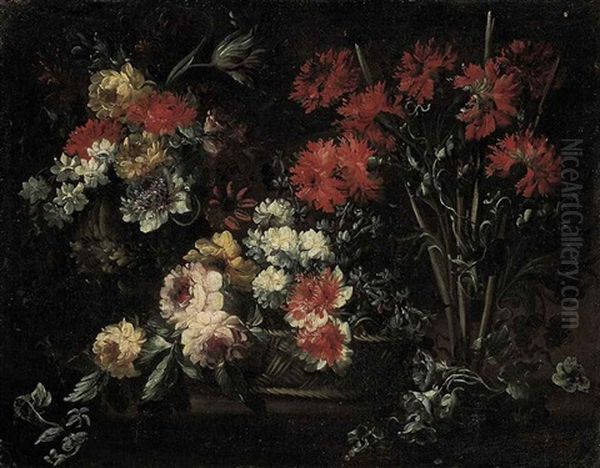 Roses, Chrysanthemums And Other Flowers In A Wicker Basket, Carnations, Roses, Narcissi And Other Flowers On A Stone Ledge Oil Painting by Margherita Caffi