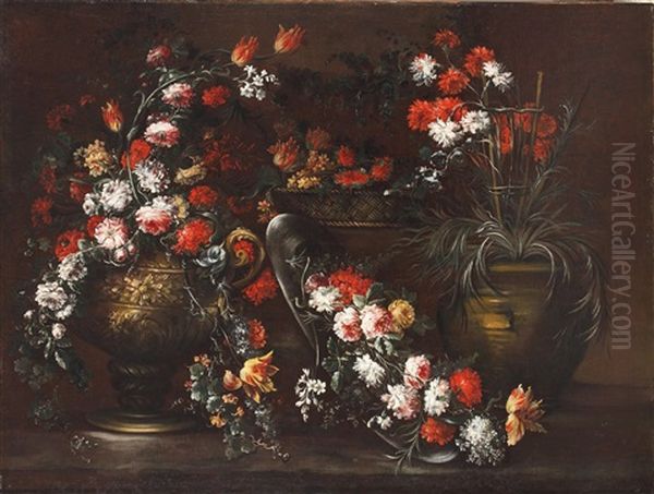 Stillleben Mit Blumen (+ Another; Pair) Oil Painting by Margherita Caffi