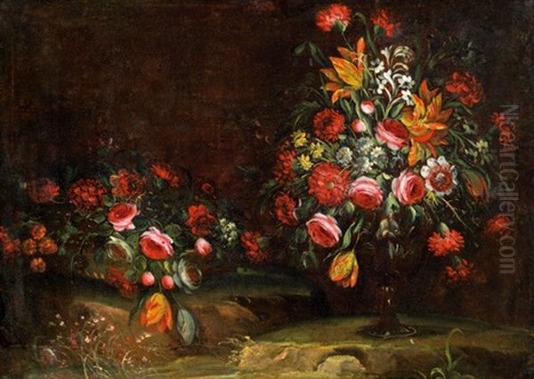 Stillleben Mit Blumen In Einem Korb Und Blumenstraus In Einer Kristallvase Oil Painting by Margherita Caffi