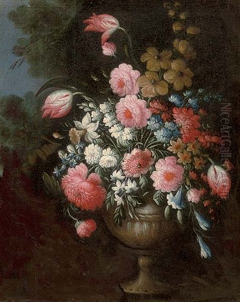 Roses, Tulips, Morning Glory And Other Flowers In An Urn Oil Painting by Margherita Caffi