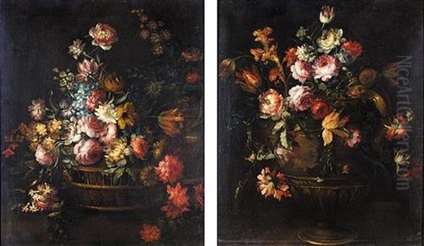 Still Life Of Various Flowers In A Basket (+ Still Life Of Various Flowers In An Urn; Pair) Oil Painting by Margherita Caffi