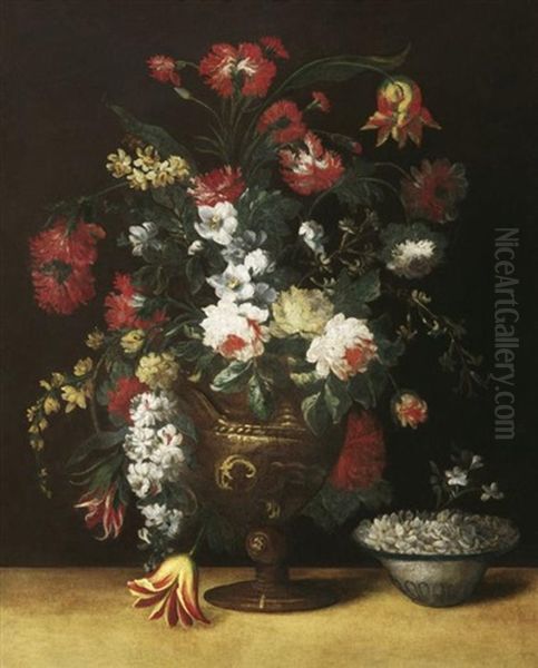 Blumenstilleben Mit Nelken, Rosen Und Tulpen In Skulptierter Vase Oil Painting by Margherita Caffi