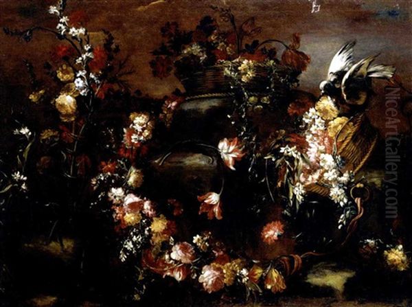 Still Life Of Various Flowers Beside A Fountain (+ Still Life With A Garland And Baskets Of Various Flowers Together With A Dove; Pair) Oil Painting by Margherita Caffi