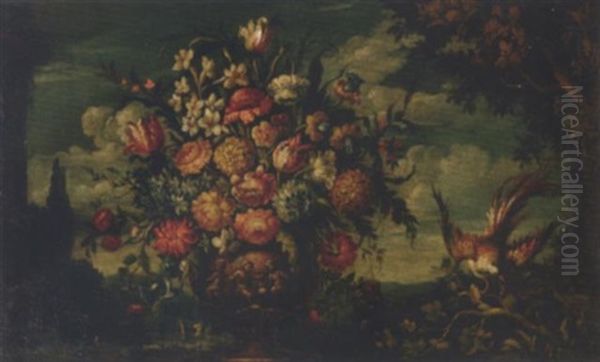 Roses, Peonies, Tulips And Other Flowers In A Sculpted Vase, With A Bird, In A Landscape Oil Painting by Margherita Caffi