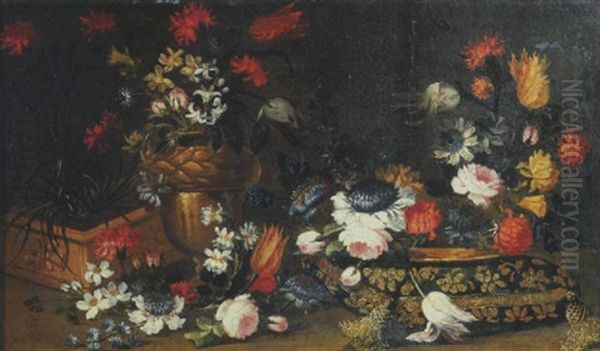 Roses, Tulips And Other Flowers In A Terracotta Pot, In A Bronze Ornamental Urn And In A Gilt Dish On A Cushion Oil Painting by Margherita Caffi