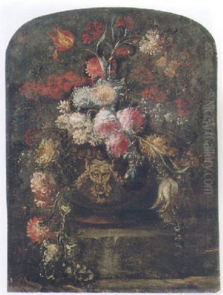 Still Life Of Flowers In A Stone Urn Upon A Ledge Oil Painting by Margherita Caffi