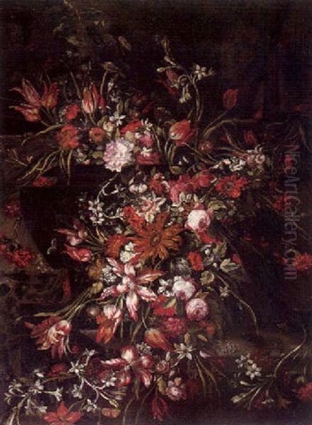 Blumenstilleben Mit Rosen, Tulpen, Nelken Und Andere Bluten In Einer Balustervase Auf Einer Tischplatte Oil Painting by Margherita Caffi