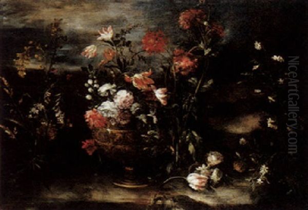 A Still Life Of Various Flowers In An Ormolu Vase, In A Landscape With Other Plants Oil Painting by Margherita Caffi