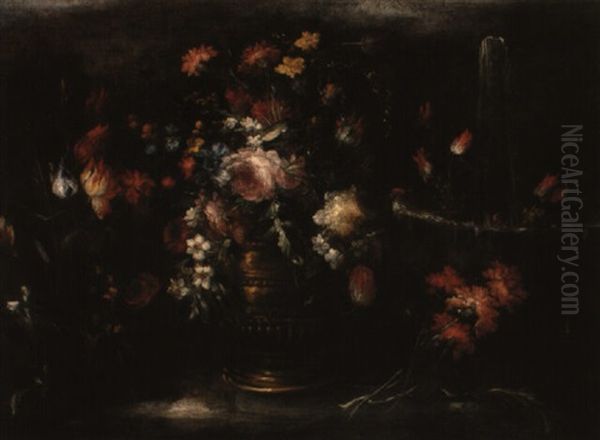 Still Life Of Flowers On A Stone Ledge With An Ornamental Fountain Beyond Oil Painting by Margherita Caffi