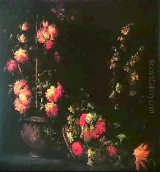 Still Life Of Flowers In An Urn And A Basket Oil Painting by Margherita Caffi