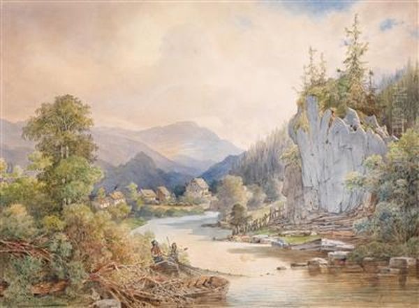 Landschaft Mit Einem Felsen Ambach Und Angler Oil Painting by Anton Ii Altmann