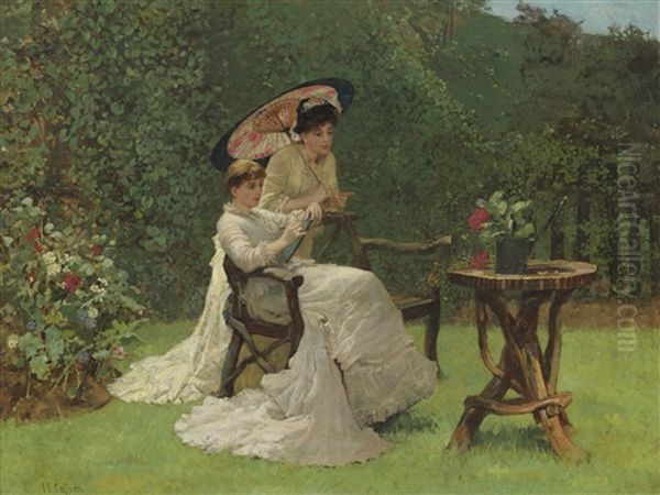 Two Women In A Garden Oil Painting by Hector Caffieri