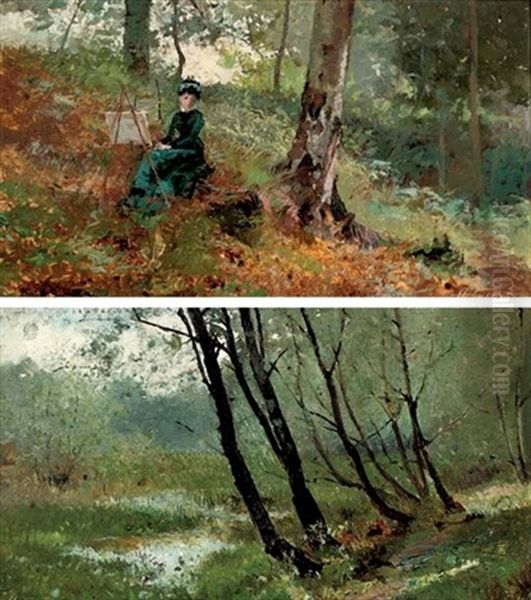 A Lady Artist In A Wood (+ A Wooded River Landscape; Pair) Oil Painting by Hector Caffieri