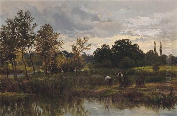 Lake At Chilworth Park Surrey; And The Reed Harvest, Chilworth (pair) Oil Painting by Walter Wallor Caffyn