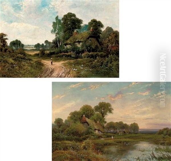 Young Girl On A Country Path Before A Cottage (+ A Figure Before A Pool, A Cottage Beyond; Pair) Oil Painting by Walter Wallor Caffyn