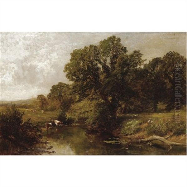 An Angler With Cattle Grazing Oil Painting by Walter Wallor Caffyn