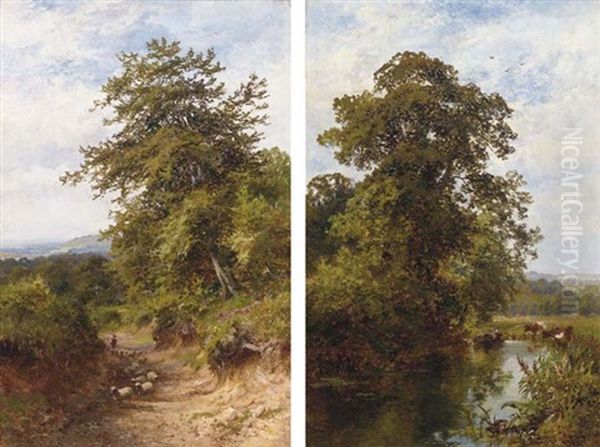 A Quiet Spot On The Water At Norbury, Surrey (+ Chart Lane, Dorking; Pair) Oil Painting by Walter Wallor Caffyn