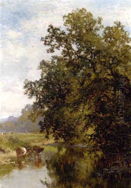 Cattle Watering On The River Mile, Surrey Oil Painting by Walter Wallor Caffyn