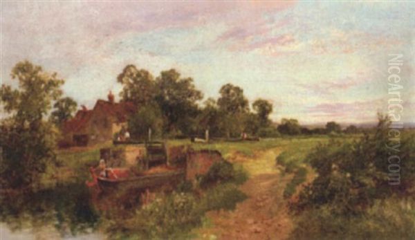 Evening, Old Locks On The Canal, Woking Oil Painting by Walter Wallor Caffyn