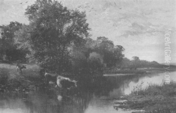 Cows Passing Through A Stream Oil Painting by Walter Wallor Caffyn