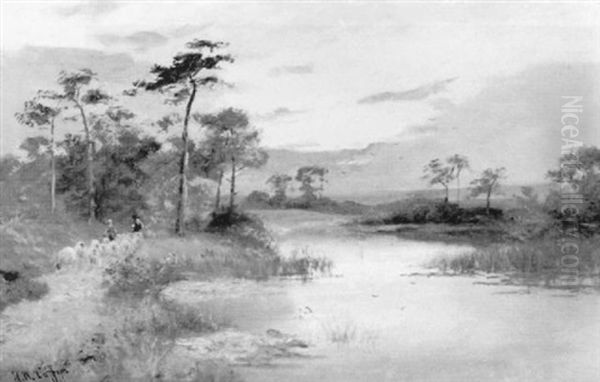 River Landscape With Sheperds And Flock Oil Painting by Walter Wallor Caffyn