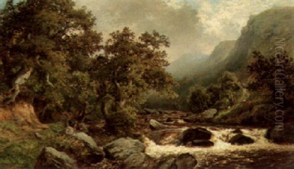 Two Figures On The Banks Of A Cascading River Oil Painting by Walter Wallor Caffyn