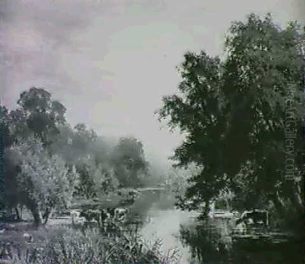 Extensive Riverscape With Cattle Watering And Sheep Grazing Oil Painting by Walter Wallor Caffyn