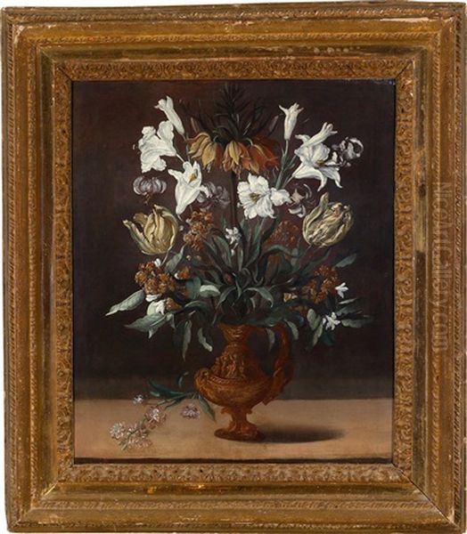 Ein Blumenstraus Mit Tulpen, Lilien, Einer Kaiserkrone Und Anderen Bluten In Einer Prunkvase Oil Painting by Guido Cagnacci