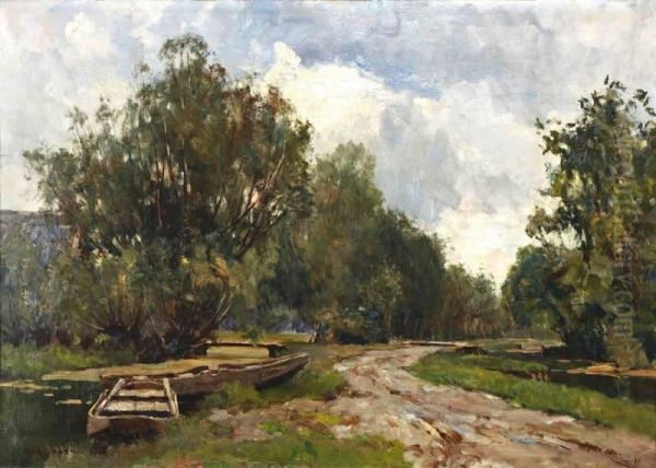 Landweg Langs Een Sloot Oil Painting by Gerard Altmann