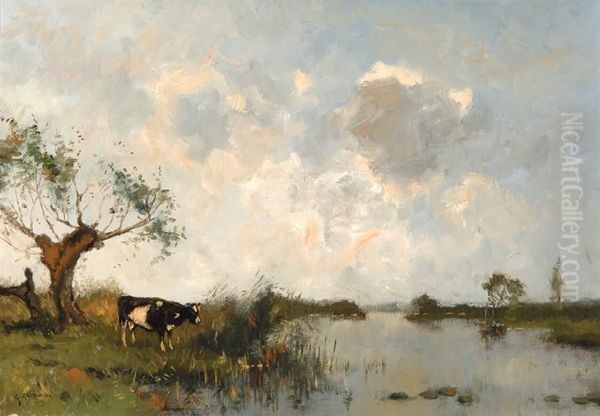 Cow By A Wide Ditch Oil Painting by Gerard Altmann