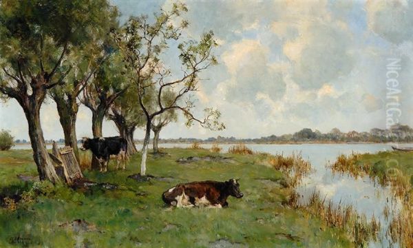 Cows Beneath A Group Of Trees By The Water Oil Painting by Gerard Altmann