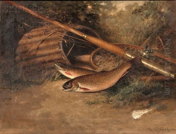 Still Life With Rainbow Trout, Rod, And Creel Oil Painting by Charles Drew Cahoon