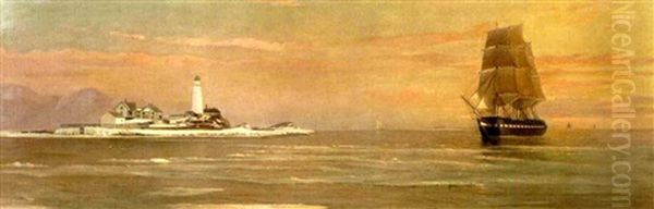 Three-masted Schooner Approaching New England Lighthouse At Dusk by Charles Drew Cahoon