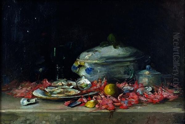 Soupiere Et Fruits De Mer Oil Painting by Alfred-Benoit Caillaud