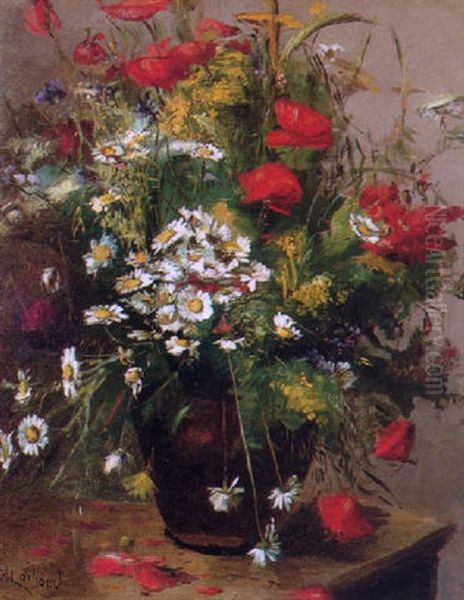 Still Life With Poppies And Marguerites In A Vase Oil Painting by Alfred-Benoit Caillaud