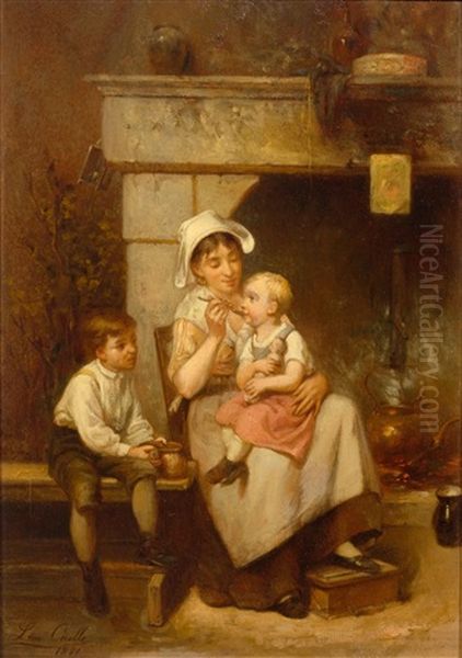 A Mother And Her Children Before A Fire Oil Painting by Leon Emile Caille