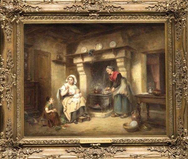 Familienszene In Einem Landlichen Kucheninterieur Oil Painting by Leon Emile Caille